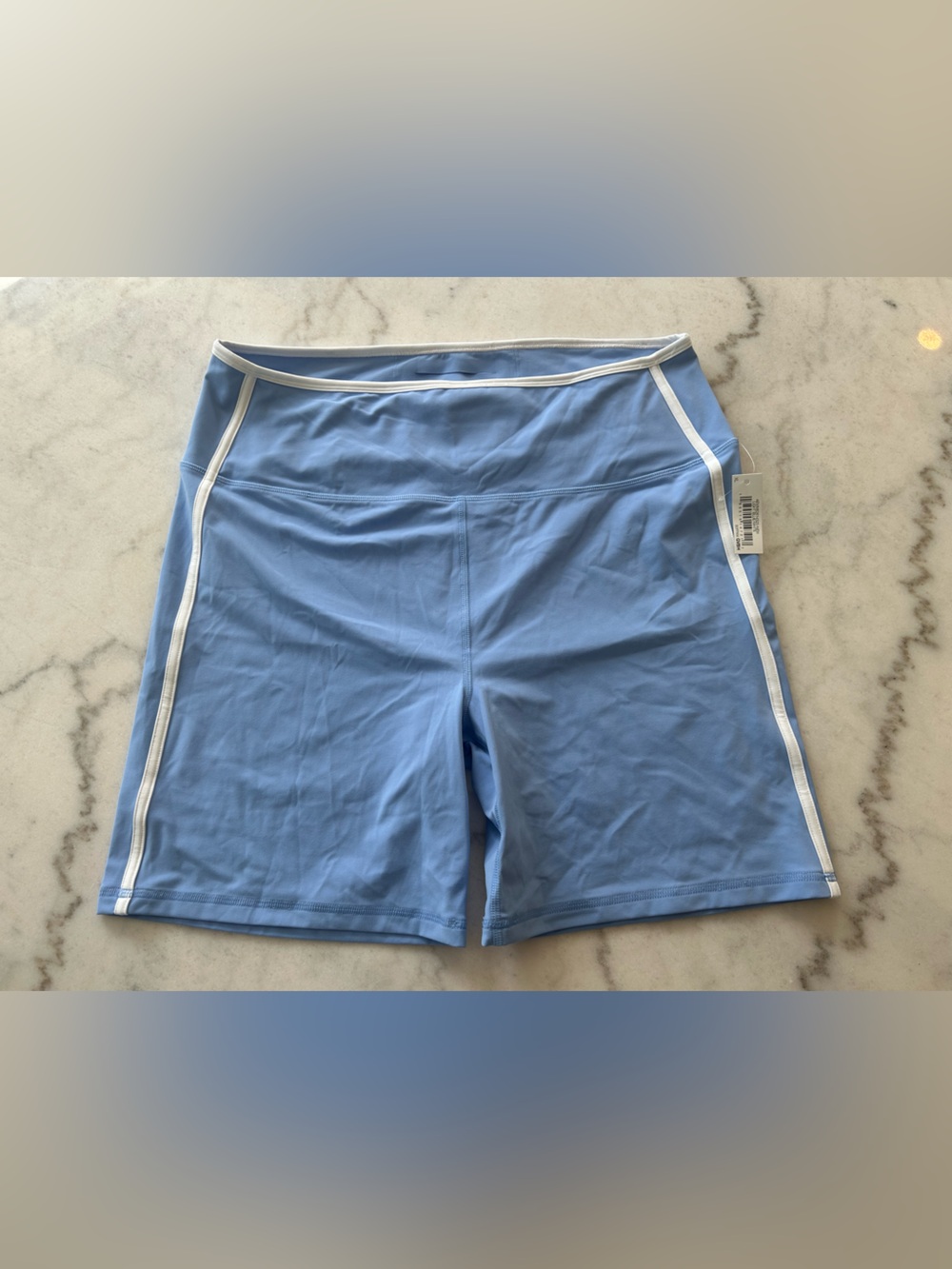 NWT Amazon Essentials Light Blue Bike Shorts with White Trim